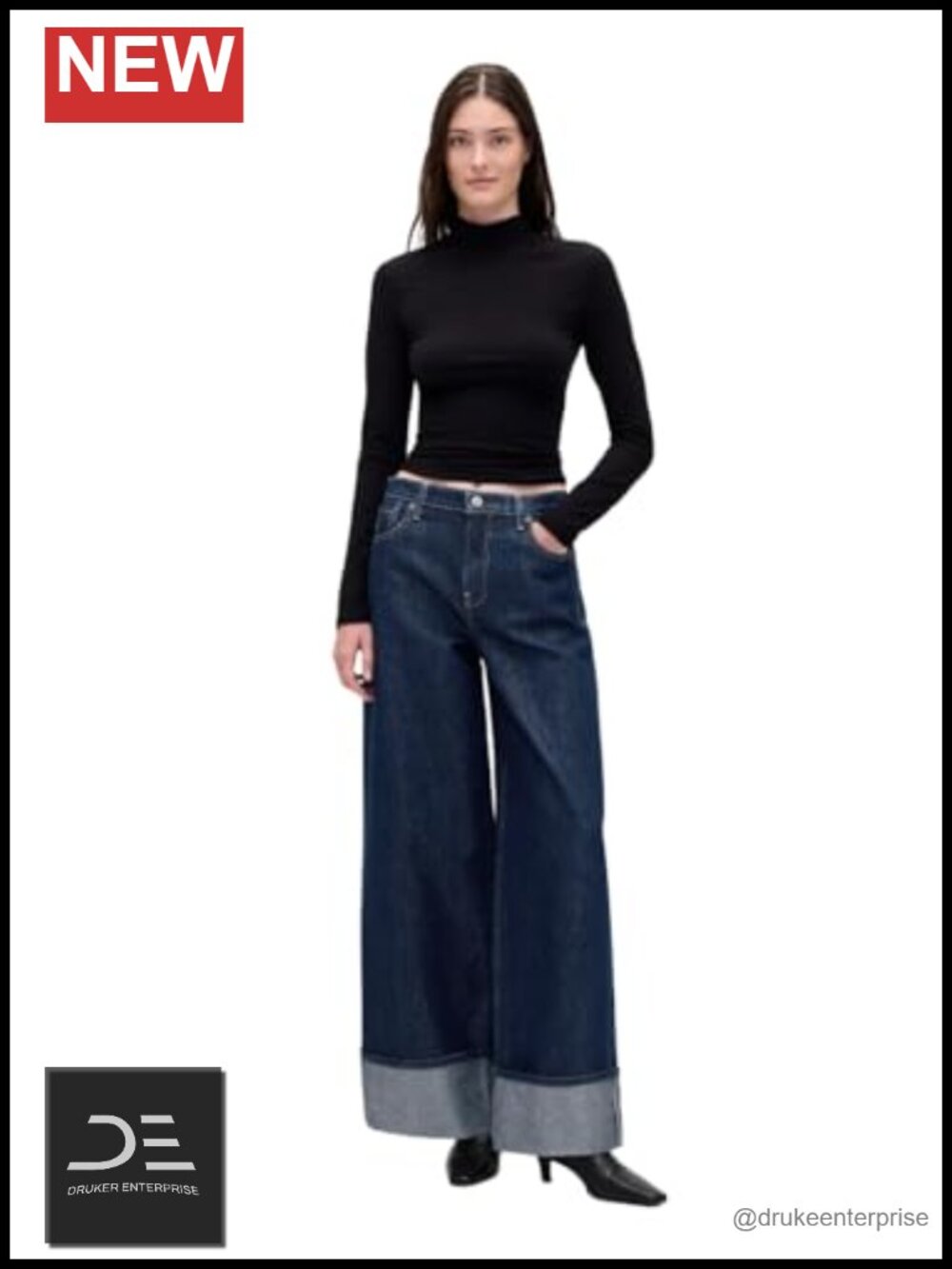 Mid Rise Baggy Cuffed Denim Jeans - Loose Fit Cotton No Stretch